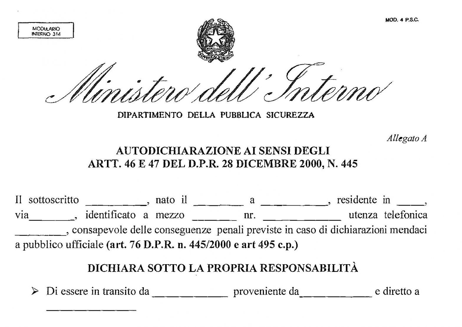 modulo autocertificazione spostamenti